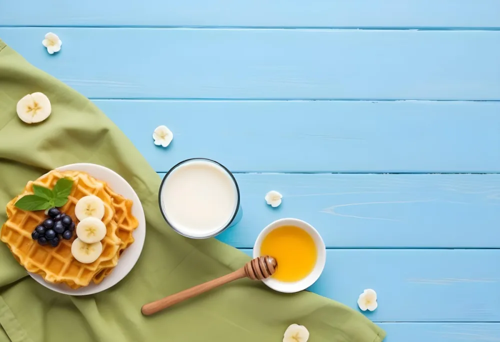 Waffles With Banana Slices On A Glass Plate A Glass Of Milk A Bowl Of Honey And A Wooden Dipper On A White Cloth Over A White Wooden Table 32 9e39