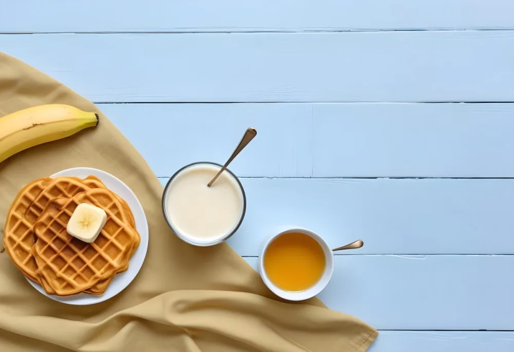 Waffles With Banana Slices On A Glass Plate A Glass Of Milk A Bowl Of Honey And A Wooden Dipper On A White Cloth Over A White Wooden Table 38 2c3a