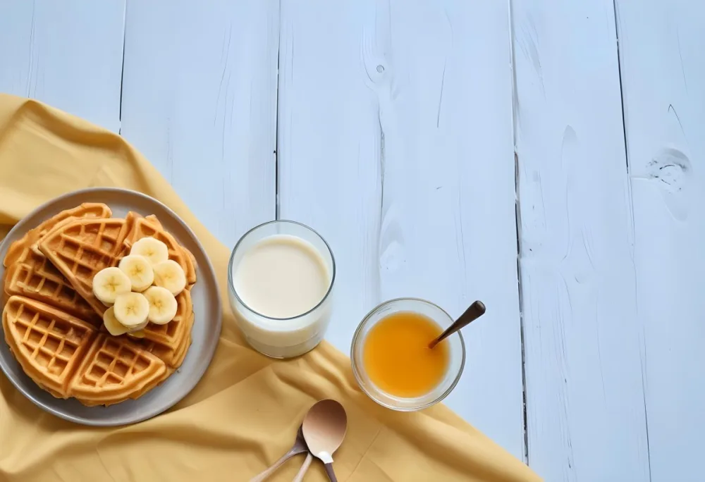Waffles With Banana Slices On A Glass Plate A Glass Of Milk A Bowl Of Honey And A Wooden Dipper On A White Cloth Over A White Wooden Table 40 59dd