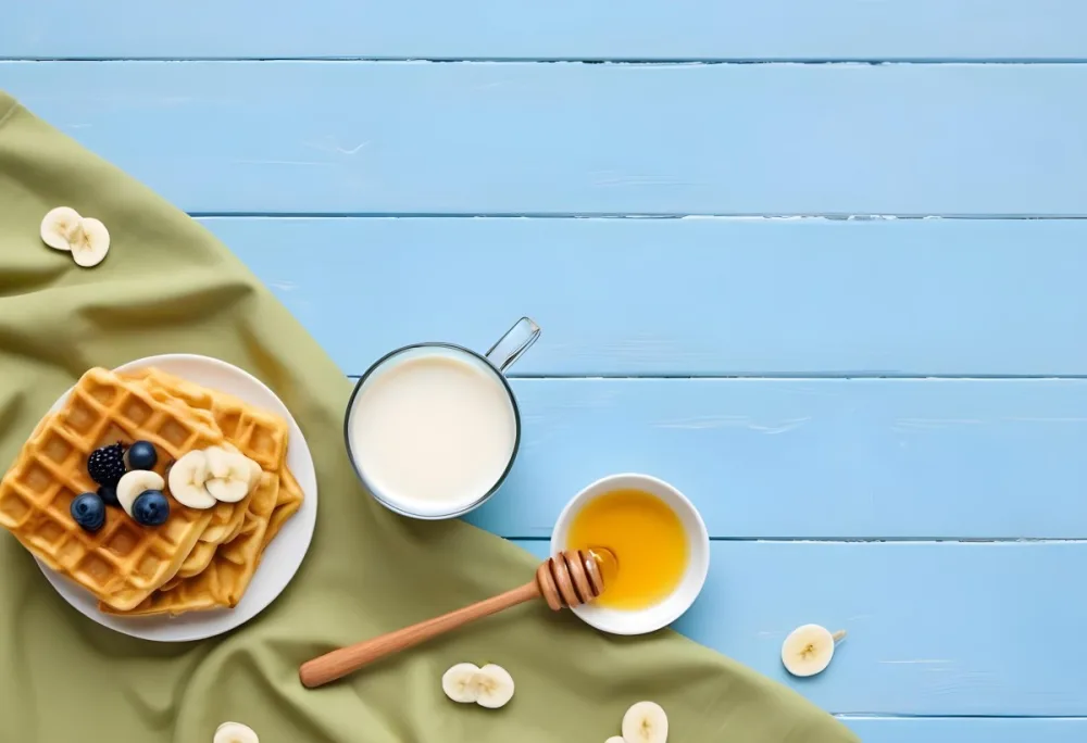 Waffles With Banana Slices On A Glass Plate A Glass Of Milk A Bowl Of Honey And A Wooden Dipper On A White Cloth Over A White Wooden Table 41 E1be