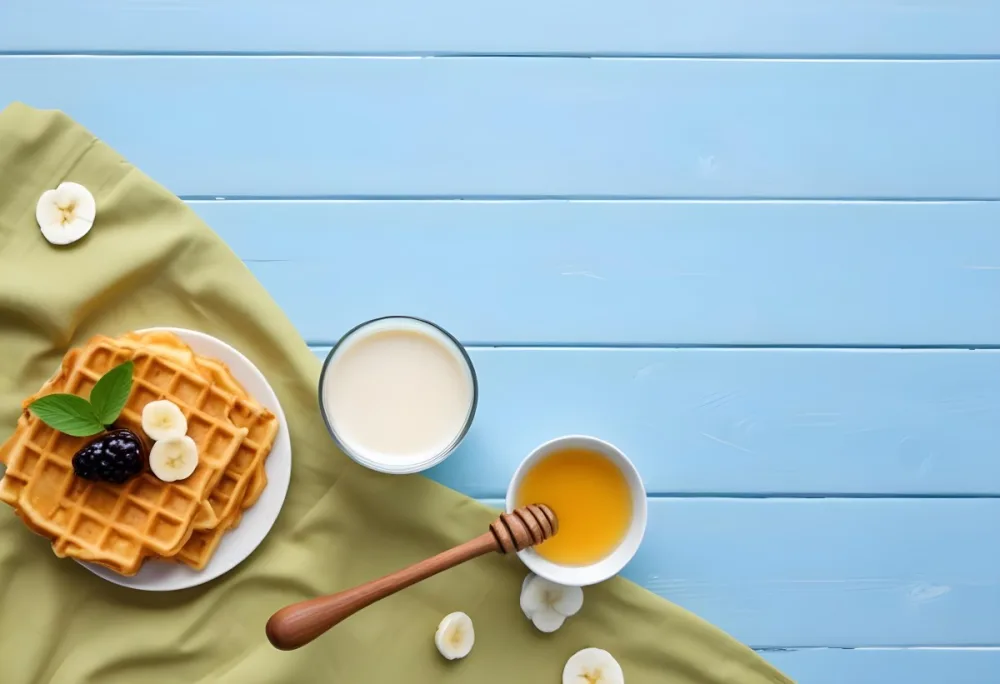 Waffles With Banana Slices On A Glass Plate A Glass Of Milk A Bowl Of Honey And A Wooden Dipper On A White Cloth Over A White Wooden Table 42 687c