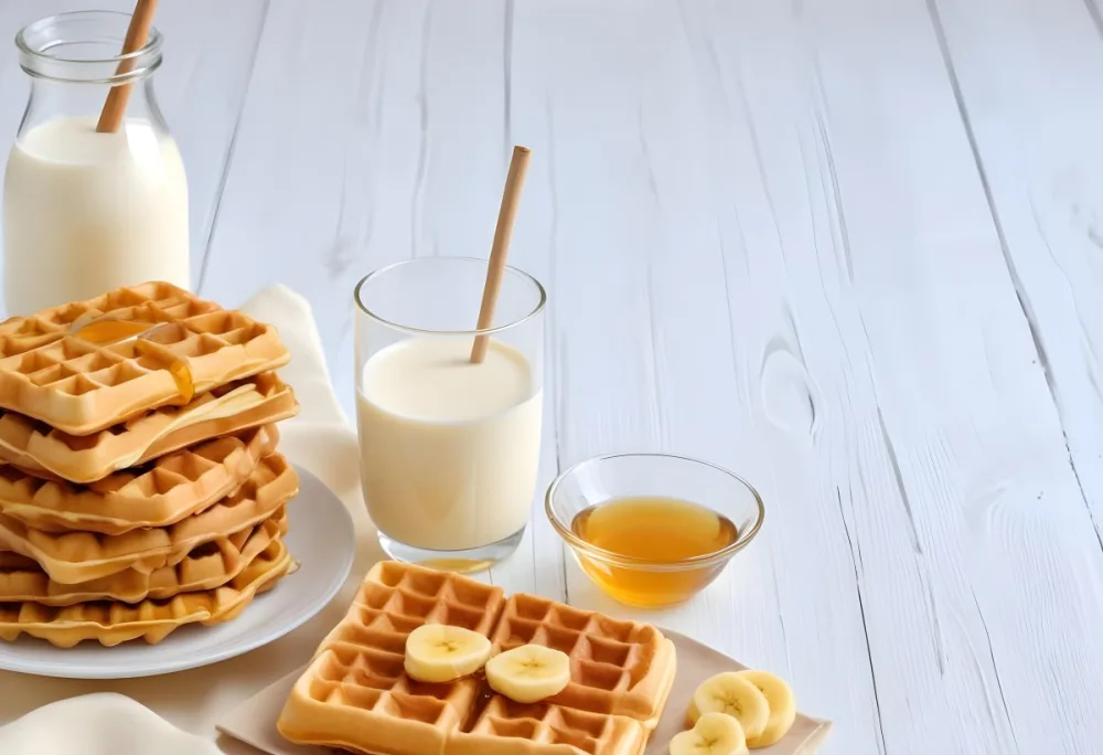 Waffles With Banana Slices On A Glass Plate A Glass Of Milk A Bowl Of Honey And A Wooden Dipper On A White Cloth Over A White Wooden Table 6 C192