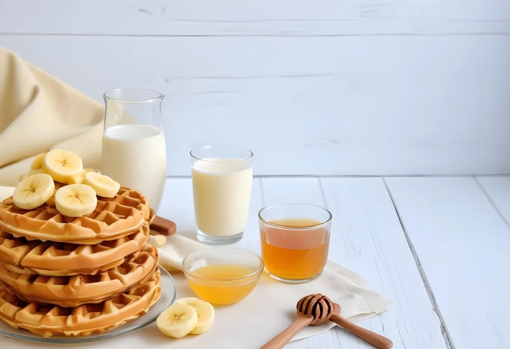 Waffles With Banana Slices On A Glass Plate A Glass Of Milk A Bowl Of Honey And A Wooden Dipper On A White Cloth Over A White Wooden Table 8 7358