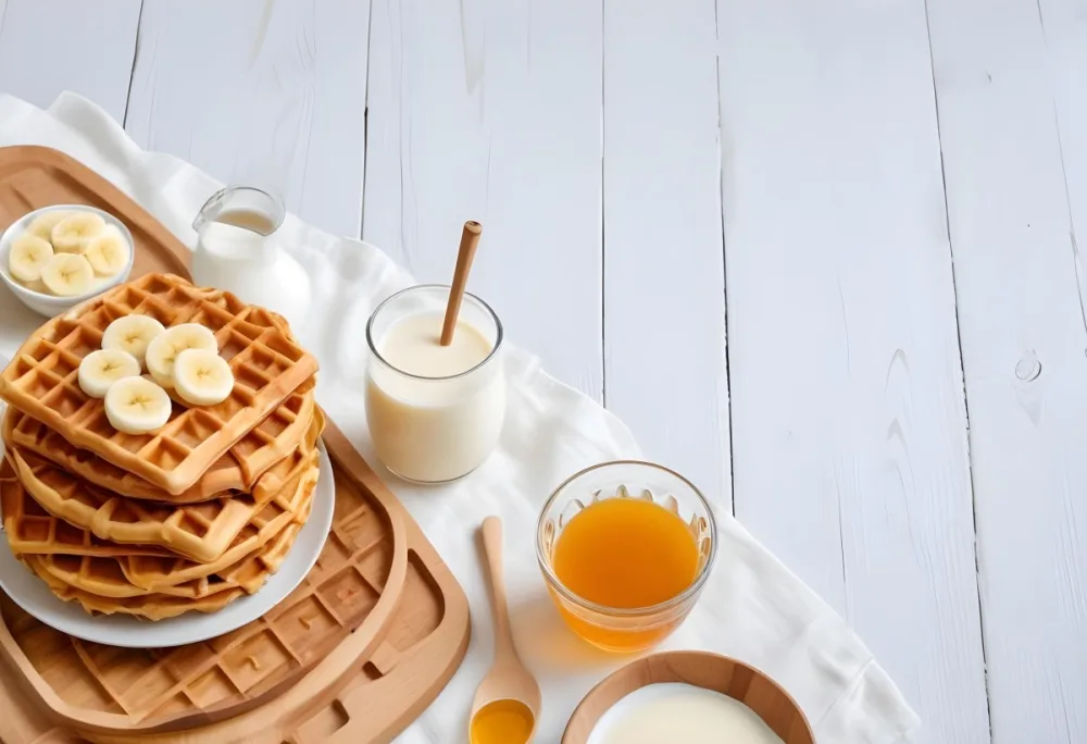 Waffles With Banana Slices On A Glass Plate A Glass Of Milk A Bowl Of Honey And A Wooden Dipper On A White Cloth Over A White Wooden Table 9 4f4f