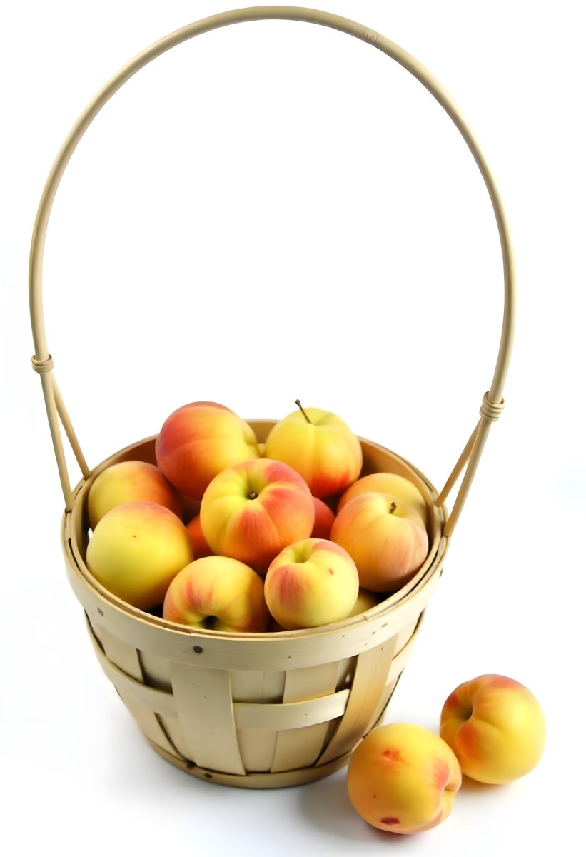 A Basket Full Of Peaches Some Peaches Are Yellow And Some Are Red With Red Spots In A White Background 27 Beb9