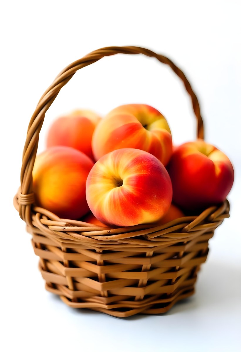 A Basket Full Of Peaches Some Peaches Are Yellow And Some Are Red With Red Spots In A White Background 3 A522