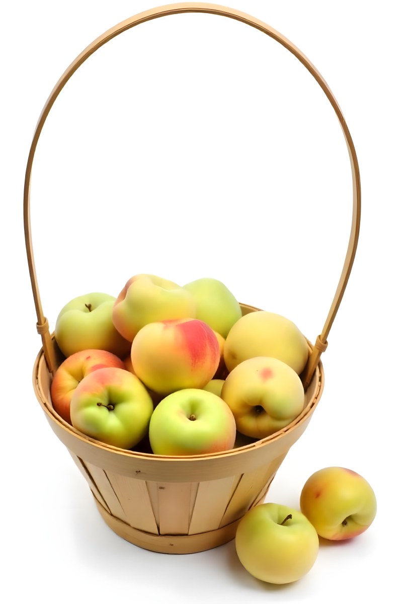 A Basket Full Of Peaches Some Peaches Are Yellow And Some Are Red With Red Spots In A White Background 30 3e68