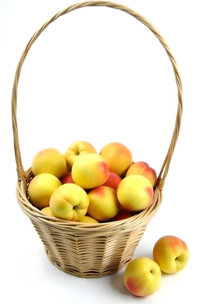A Basket Full Of Peaches Some Peaches Are Yellow And Some Are Red With Red Spots In A White Background 9 2b74