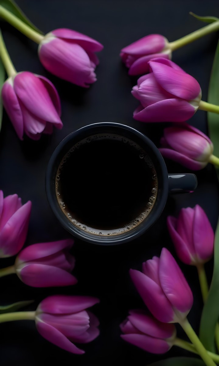 A Black Cup Of Black Coffee Surrounded By Purple Tulips On A Black Background 17 Ba94