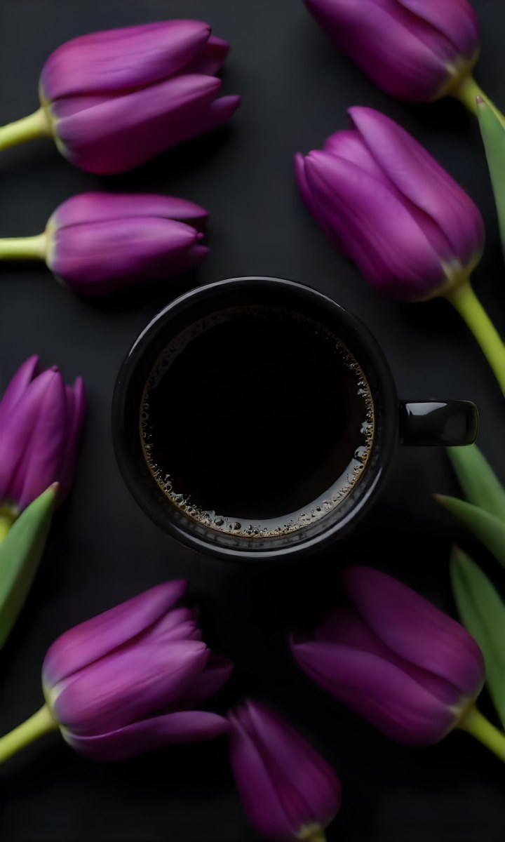 A Black Cup Of Black Coffee Surrounded By Purple Tulips On A Black Background 19 F457