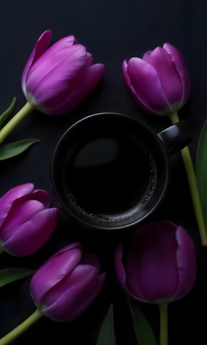 A Black Cup Of Black Coffee Surrounded By Purple Tulips On A Black Background 22 E809