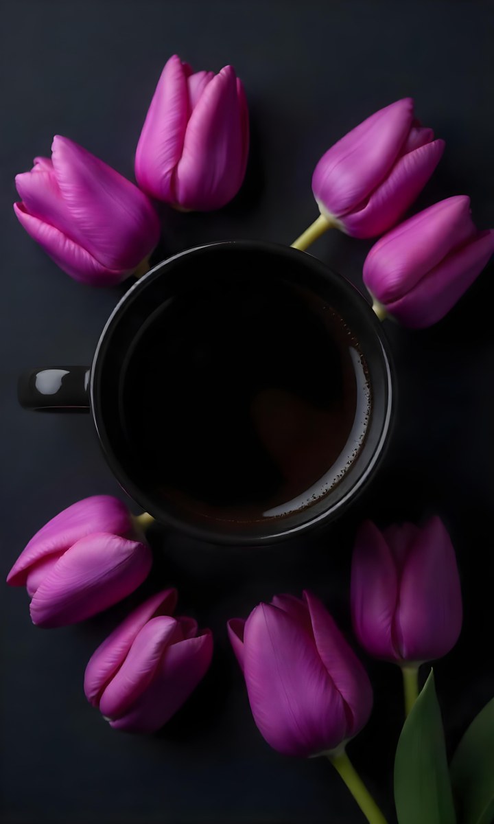 A Black Cup Of Black Coffee Surrounded By Purple Tulips On A Black Background 23 4e43