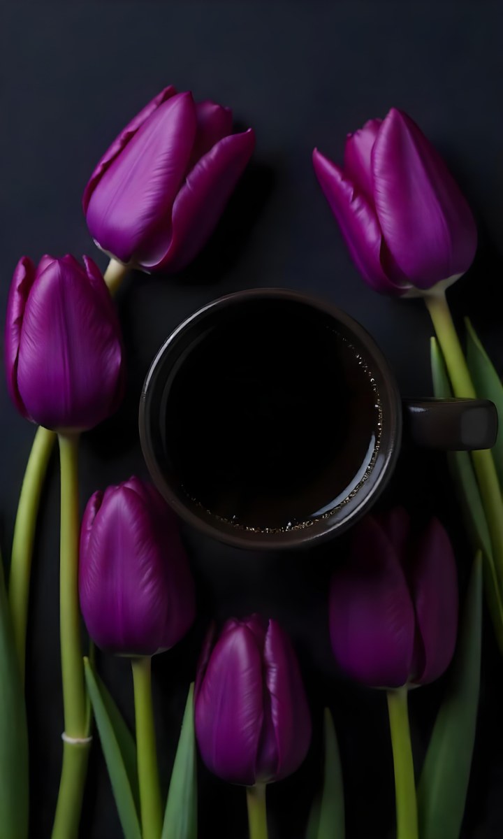 A Black Cup Of Black Coffee Surrounded By Purple Tulips On A Black Background 24 Dfd2