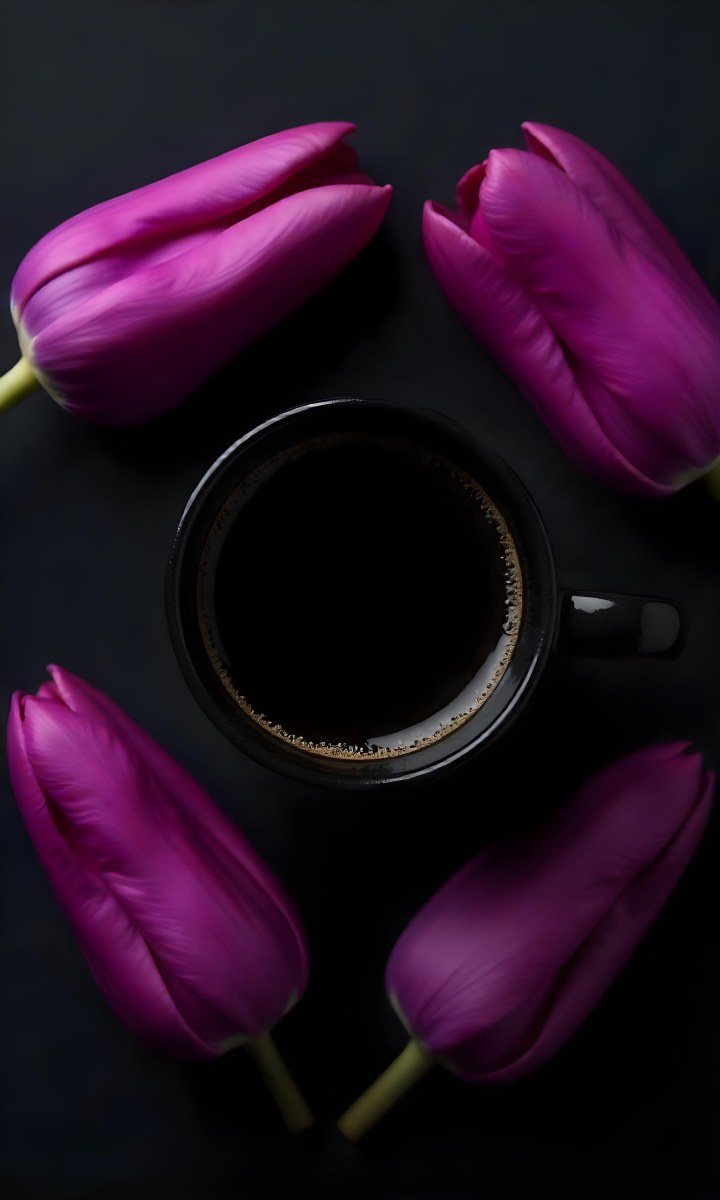 A Black Cup Of Black Coffee Surrounded By Purple Tulips On A Black Background 28 3642
