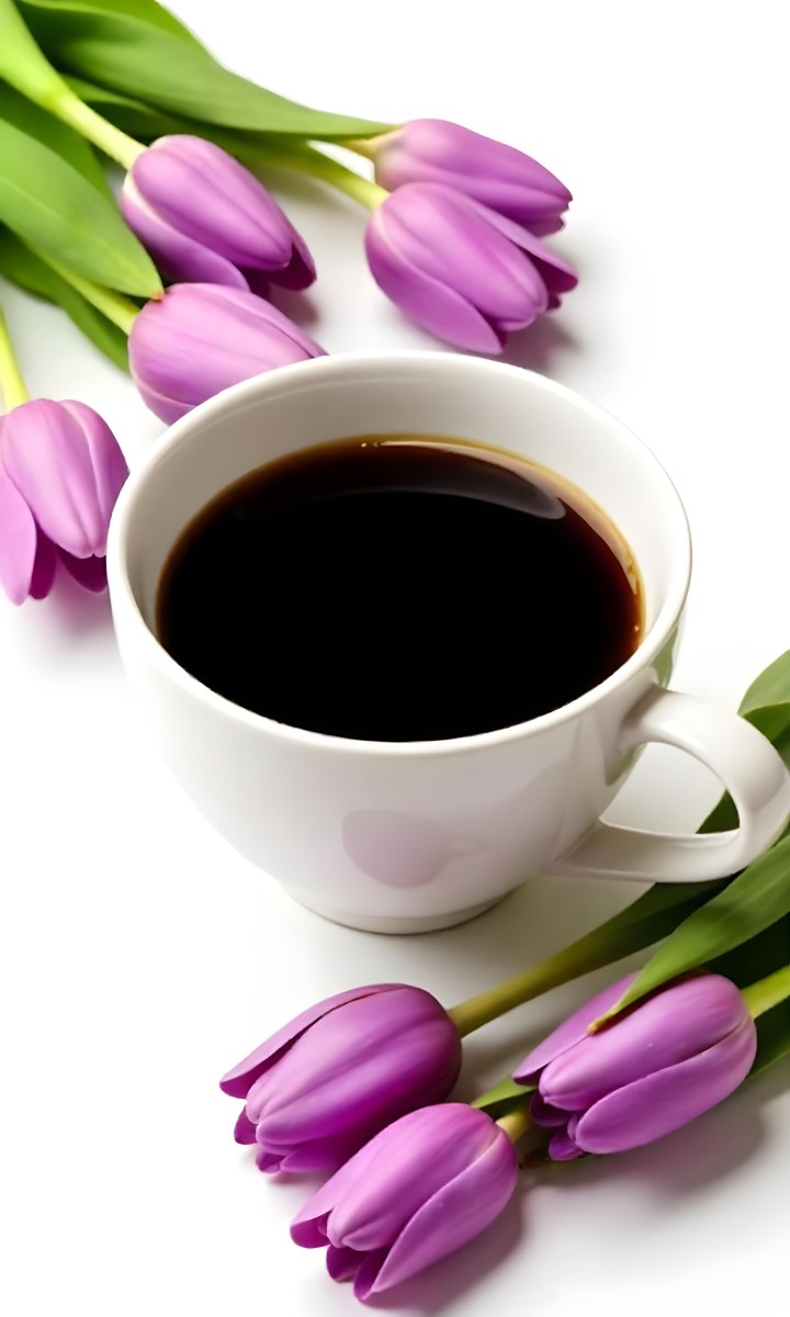 A Black Cup Of Black Coffee Surrounded By Purple Tulips On A Black Background 40 09a6