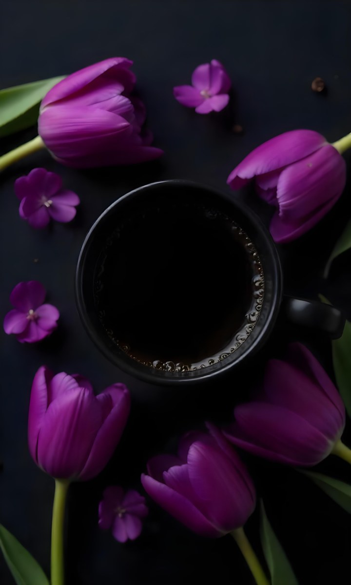A Black Cup Of Black Coffee Surrounded By Purple Tulips On A Black Background 5 F1fa