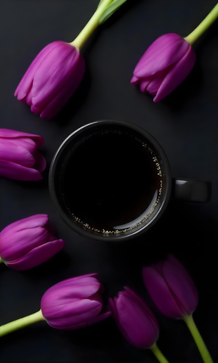 A Black Cup Of Black Coffee Surrounded By Purple Tulips On A Black Background 50 20bb