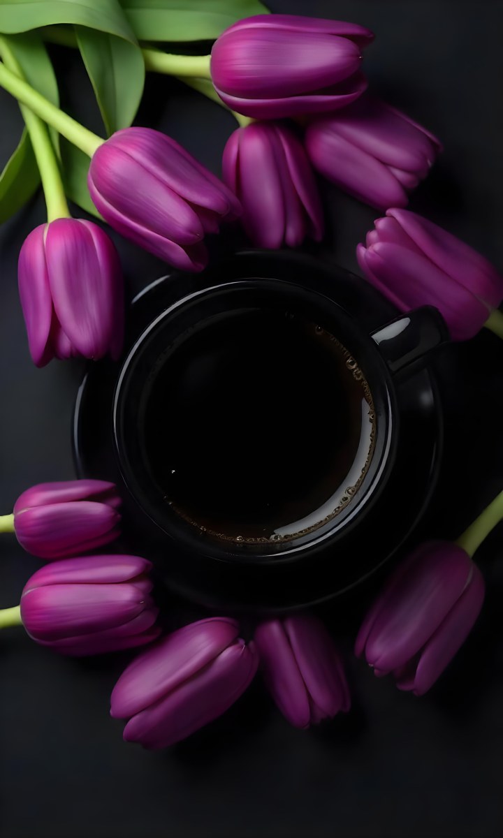 A Black Cup Of Black Coffee Surrounded By Purple Tulips On A Black Background 51 36c3