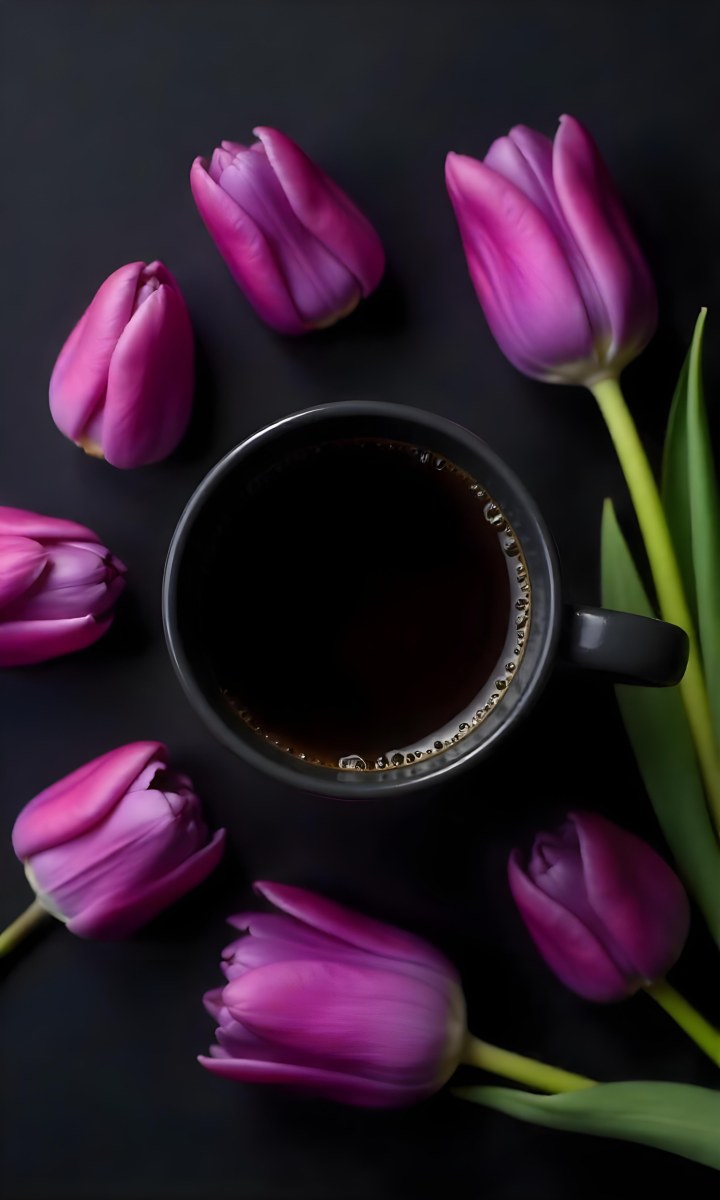 A Black Cup Of Black Coffee Surrounded By Purple Tulips On A Black Background 53 08a8