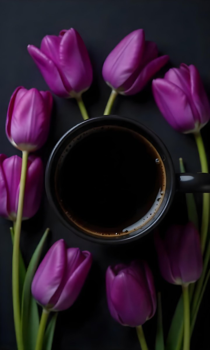 A Black Cup Of Black Coffee Surrounded By Purple Tulips On A Black Background 57 1399