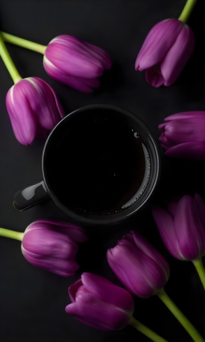 A Black Cup Of Black Coffee Surrounded By Purple Tulips On A Black Background 7 Fd28