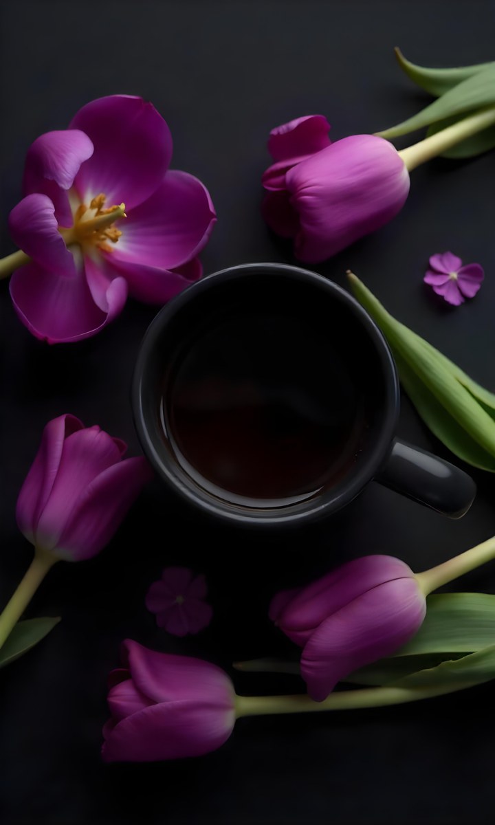 A Black Cup Of Black Coffee Surrounded By Purple Tulips On A Black Background 9 Fce6