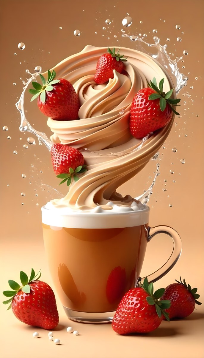 A Cup Of Water With Whipped Cream And Strawberries Water Splash Brown Background Studio Shot Food Photography High Detail Realistic Rendering Vibrant Colors Delicious Appetizing 22 D2cf