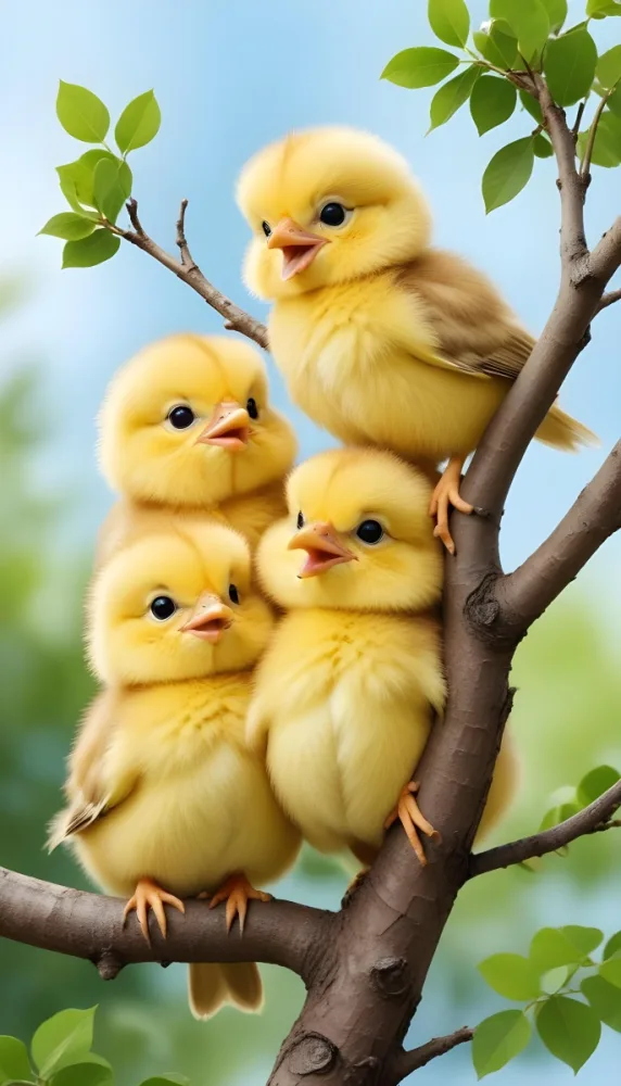 Four Yellow Chicks With Open Beaks Perched On A Tree Branch With Green Leaves Blue Sky Background Cute And Cartoonish Style 34 D4ce