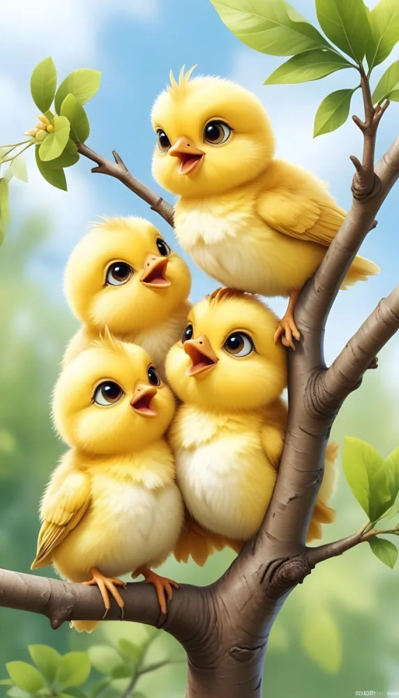 Four Yellow Chicks With Open Beaks Perched On A Tree Branch With Green Leaves Blue Sky Background Cute And Cartoonish Style 9 7caf