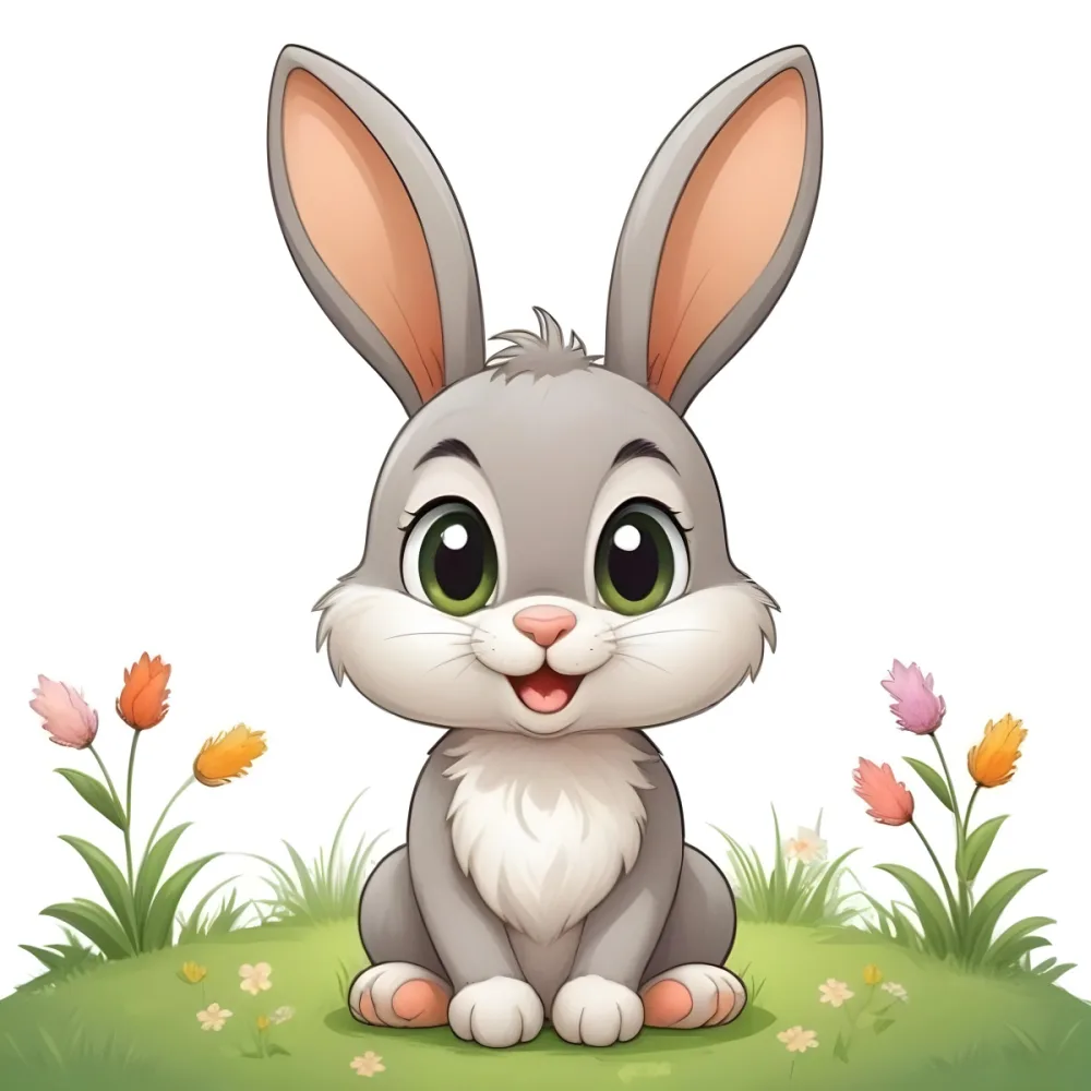 Gray Rabbit With Big Green Eyes And Long Ears Sitting On A Green Grass Field With Flowers Cartoon Style White Background 12 0b50