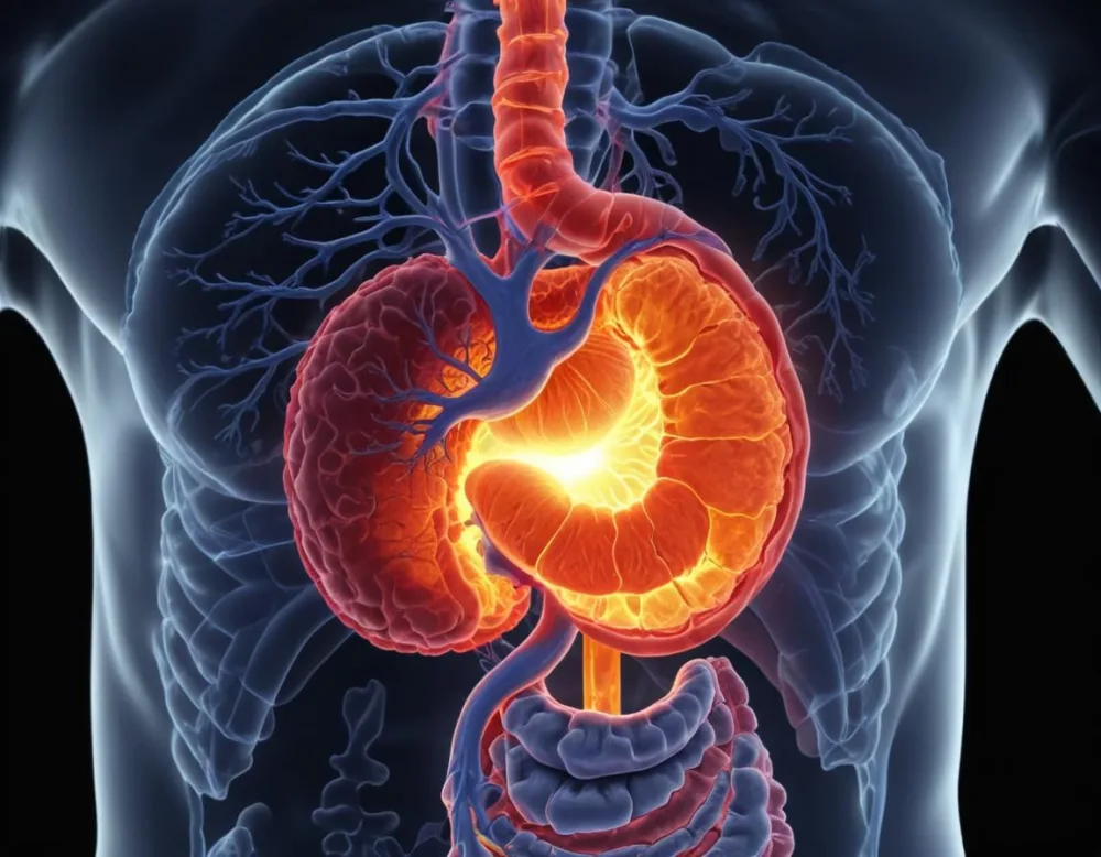 A Cross Section View Of The Human Digestive System Highlighting The Stomach With A Glowing Fiery Appearance Suggesting An Inflamed Or Irritated Stomach Surrounded By A Vibrant Forest During Daylight With Clear Skies 10 8409