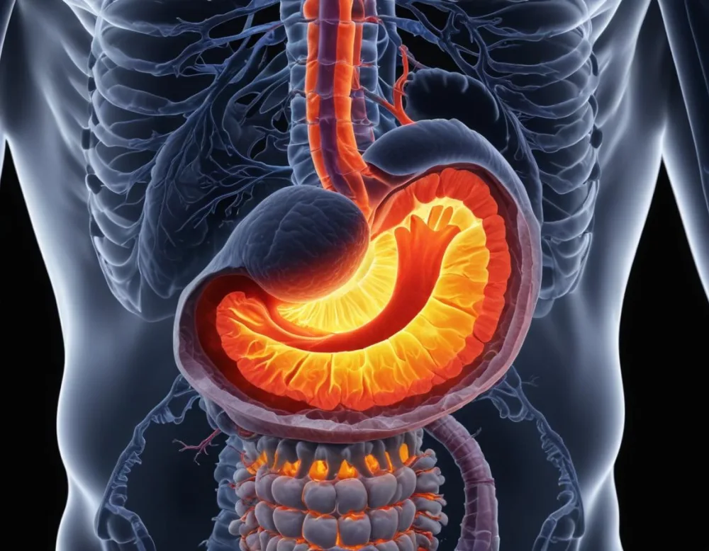 A Cross Section View Of The Human Digestive System Highlighting The Stomach With A Glowing Fiery Appearance Suggesting An Inflamed Or Irritated Stomach Surrounded By A Vibrant Forest During Daylight With Clear Skies 11 067b