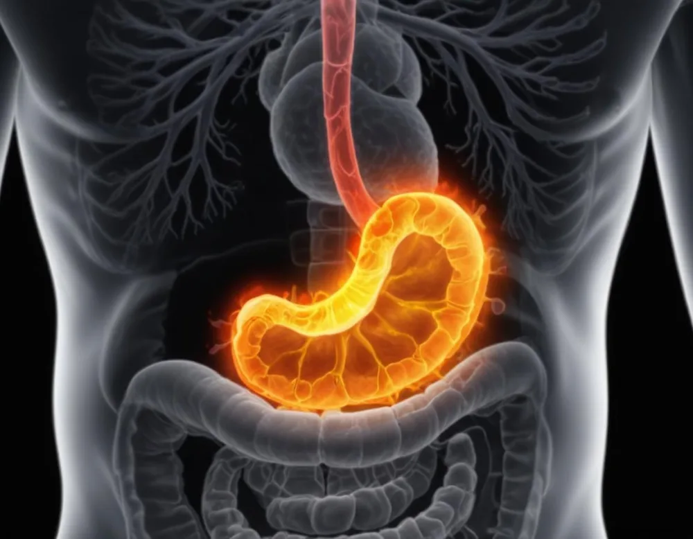 A Cross Section View Of The Human Digestive System Highlighting The Stomach With A Glowing Fiery Appearance Suggesting An Inflamed Or Irritated Stomach Surrounded By A Vibrant Forest During Daylight With Clear Skies 14 A2bf
