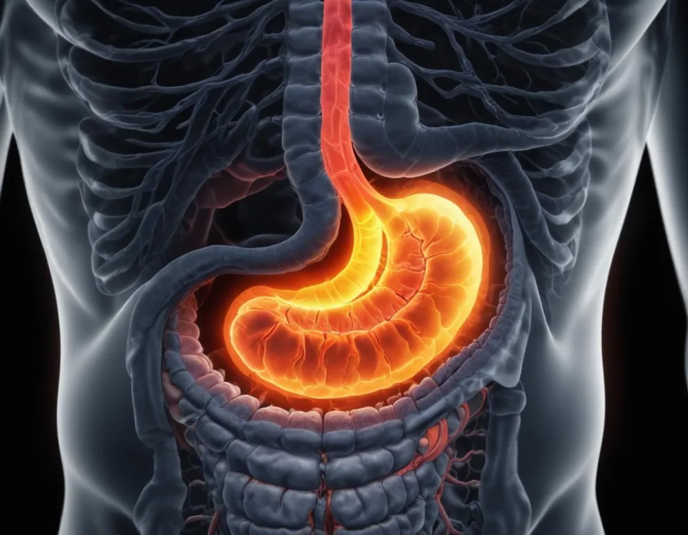 A Cross Section View Of The Human Digestive System Highlighting The Stomach With A Glowing Fiery Appearance Suggesting An Inflamed Or Irritated Stomach Surrounded By A Vibrant Forest During Daylight With Clear Skies 15 2fdd