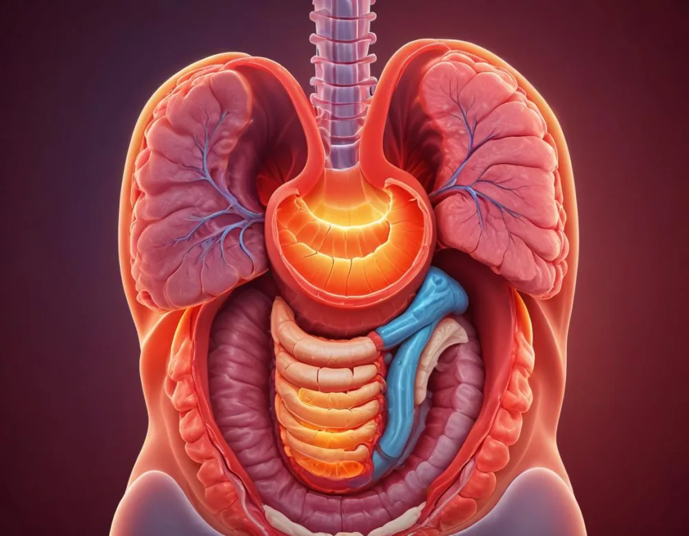 A Cross Section View Of The Human Digestive System Highlighting The Stomach With A Glowing Fiery Appearance Suggesting An Inflamed Or Irritated Stomach Surrounded By A Vibrant Forest During Daylight With Clear Skies 17 E600