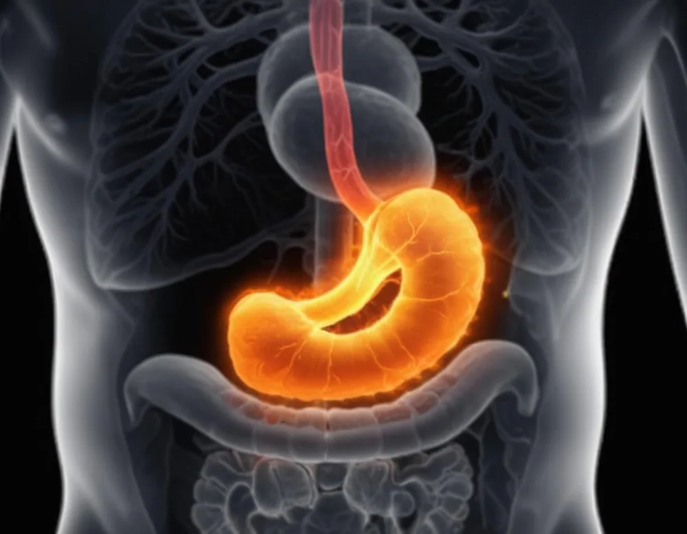 A Cross Section View Of The Human Digestive System Highlighting The Stomach With A Glowing Fiery Appearance Suggesting An Inflamed Or Irritated Stomach Surrounded By A Vibrant Forest During Daylight With Clear Skies 3 8ea4