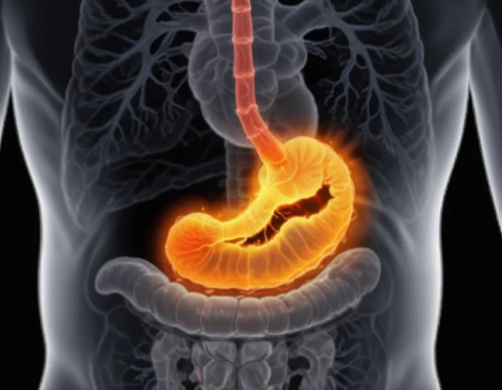 A Cross Section View Of The Human Digestive System Highlighting The Stomach With A Glowing Fiery Appearance Suggesting An Inflamed Or Irritated Stomach Surrounded By A Vibrant Forest During Daylight With Clear Skies 4 5bca