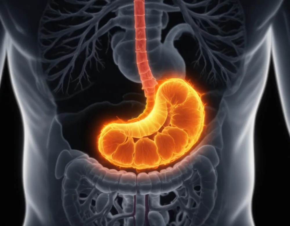 A Cross Section View Of The Human Digestive System Highlighting The Stomach With A Glowing Fiery Appearance Suggesting An Inflamed Or Irritated Stomach Surrounded By A Vibrant Forest During Daylight With Clear Skies 5 6656