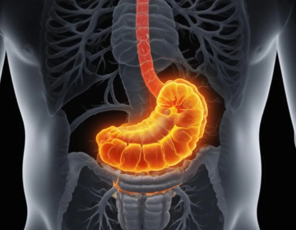 A Cross Section View Of The Human Digestive System Highlighting The Stomach With A Glowing Fiery Appearance Suggesting An Inflamed Or Irritated Stomach Surrounded By A Vibrant Forest During Daylight With Clear Skies 6 8379