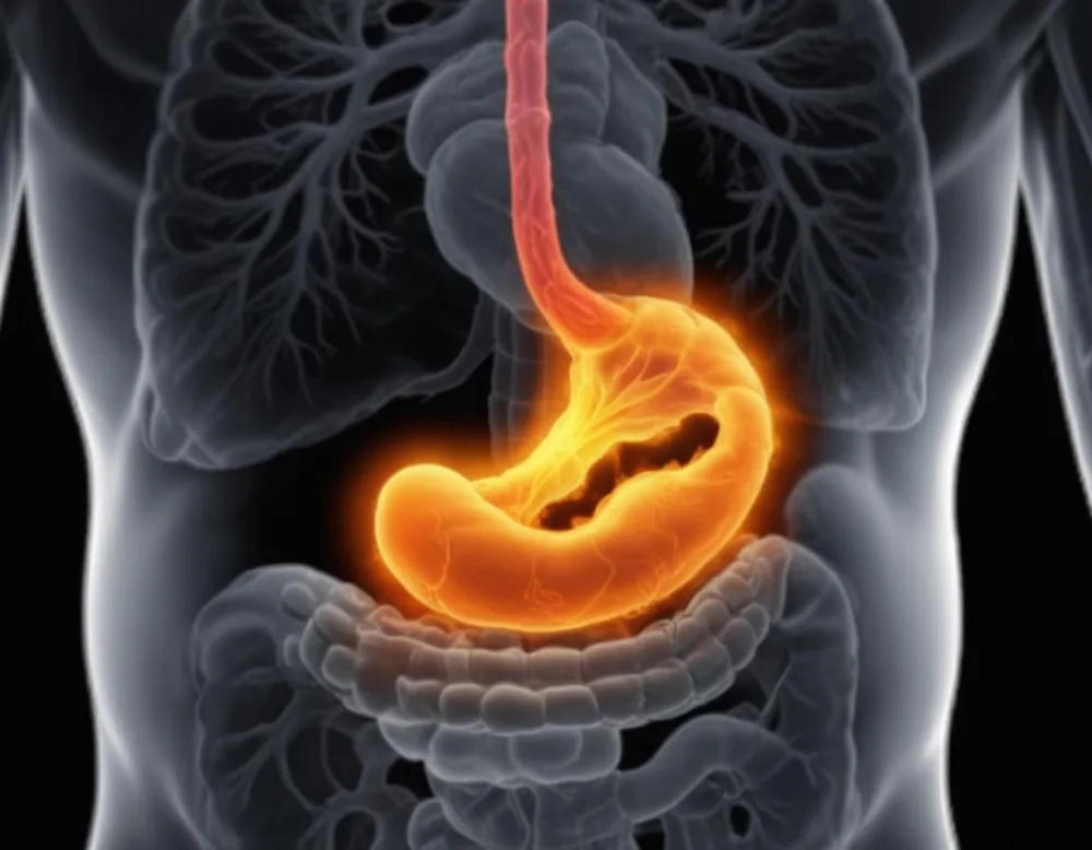 A Cross Section View Of The Human Digestive System Highlighting The Stomach With A Glowing Fiery Appearance Suggesting An Inflamed Or Irritated Stomach Surrounded By A Vibrant Forest During Daylight With Clear Skies 8 1945