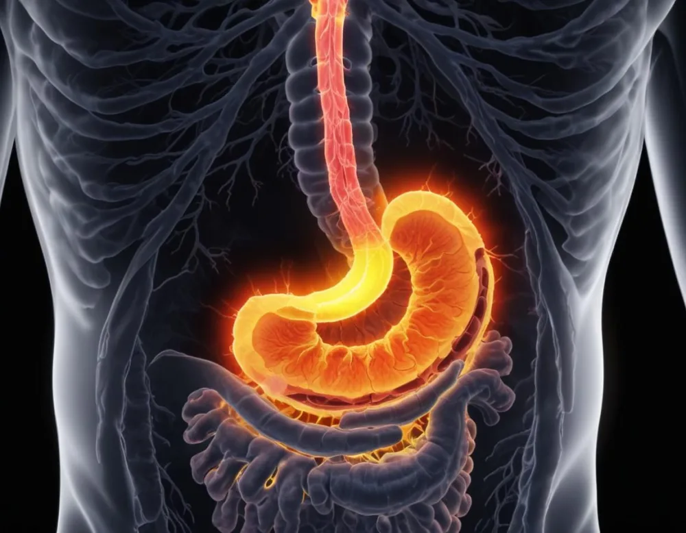 A Cross Section View Of The Human Digestive System Highlighting The Stomach With A Glowing Fiery Appearance Suggesting An Inflamed Or Irritated Stomach Surrounded By A Vibrant Forest During Daylight With Clear Skies 9 Fc34