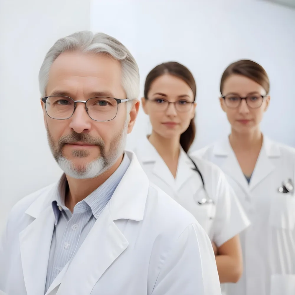 A Group Of Three Medical Professionals The Foreground Features A Young Caucasian Woman With A Beard And Glasses Wearing A White Lab Coat Behind Him There Is A Middle Aged Caucasian Woman In A White Uniform And An M 7 D359
