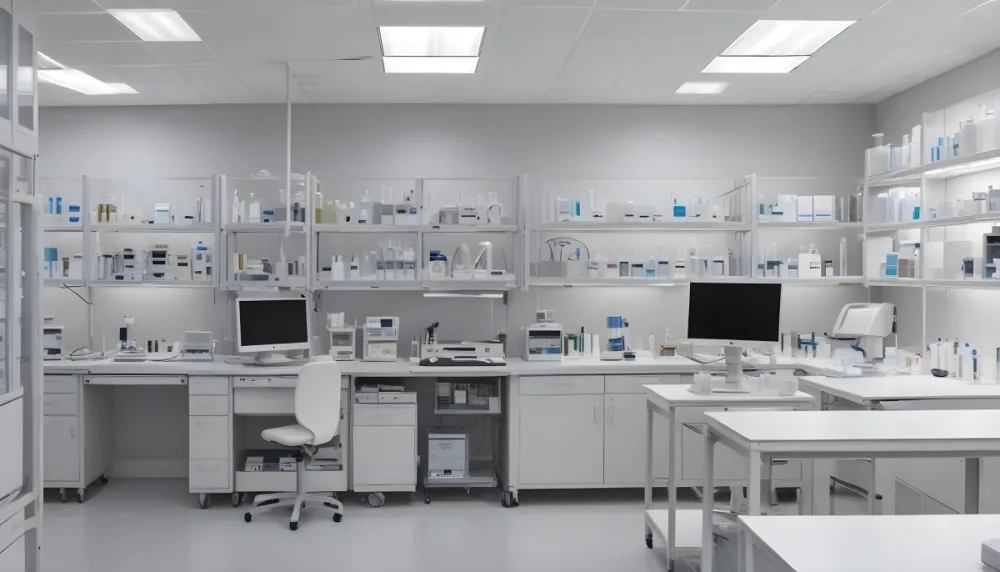 A Modern Laboratory Interior Featuring Multiple Workstations Storage Cabinets