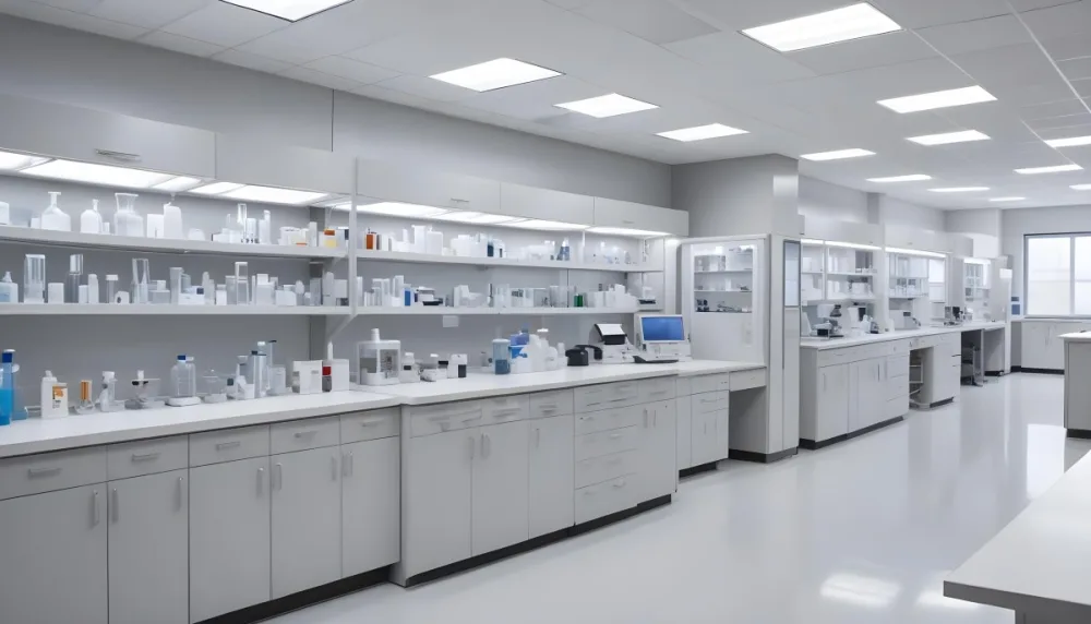 A Modern Laboratory Interior Featuring Multiple Workstations Storage Cabinets And Scientific Equipment The Space Is Well Lit With Overhead Fluorescent Lights And The Walls Are A Combination Of White And Light Gra 3 D130