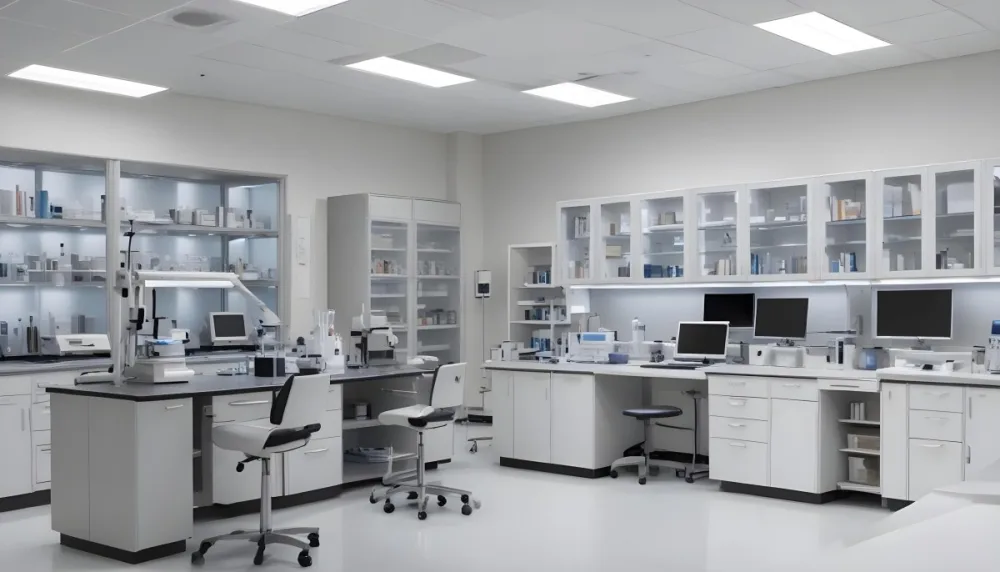 A Modern Laboratory Interior Featuring Multiple Workstations Storage Cabinets And Scientific Equipment The Space Is Well Lit With Overhead Fluorescent Lights And The Walls Are A Combination Of White And Light Gra 4 3c9e
