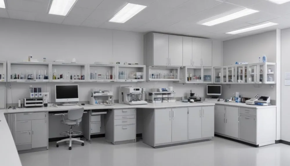 A Modern Laboratory Interior Featuring Multiple Workstations Storage Cabinets And Scientific Equipment The Space Is Well Lit With Overhead Fluorescent Lights And The Walls Are A Combination Of White And Light Gra 5 A5c1