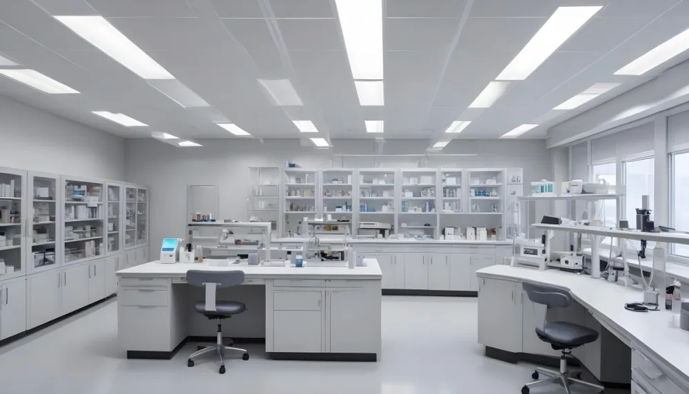 A Modern Laboratory Interior Featuring Multiple Workstations Storage Cabinets And Scientific Equipment The Space Is Well Lit With Overhead Fluorescent Lights And The Walls Are A Combination Of White And Light Gra 6 3c1d