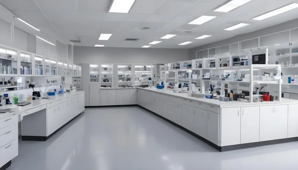 A Modern Laboratory Interior Featuring Multiple Workstations Storage Cabinets And Scientific Equipment The Space Is Well Lit With Overhead Fluorescent Lights And The Walls Are A Combination Of White And Light Gra 7 8d04