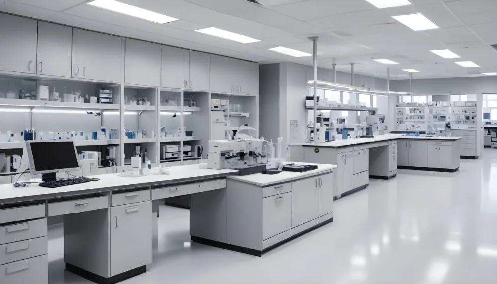 A Modern Laboratory Interior Featuring Multiple Workstations Storage Cabinets And Scientific Equipment The Space Is Well Lit With Overhead Fluorescent Lights And The Walls Are A Combination Of White And Light Gra 8 3163