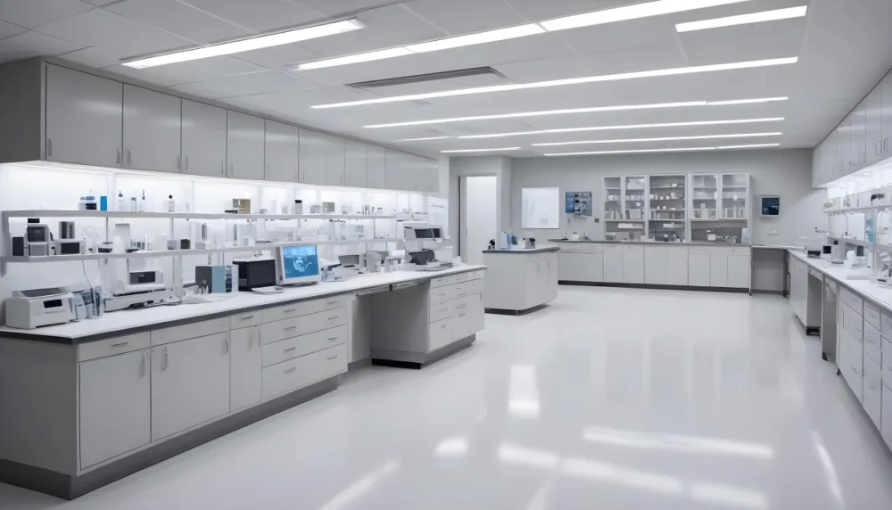 A Modern Laboratory Interior Featuring Multiple Workstations Storage Cabinets And Scientific Equipment The Space Is Well Lit With Overhead Fluorescent Lights And The Walls Are A Combination Of White And Light Gra 9 8094